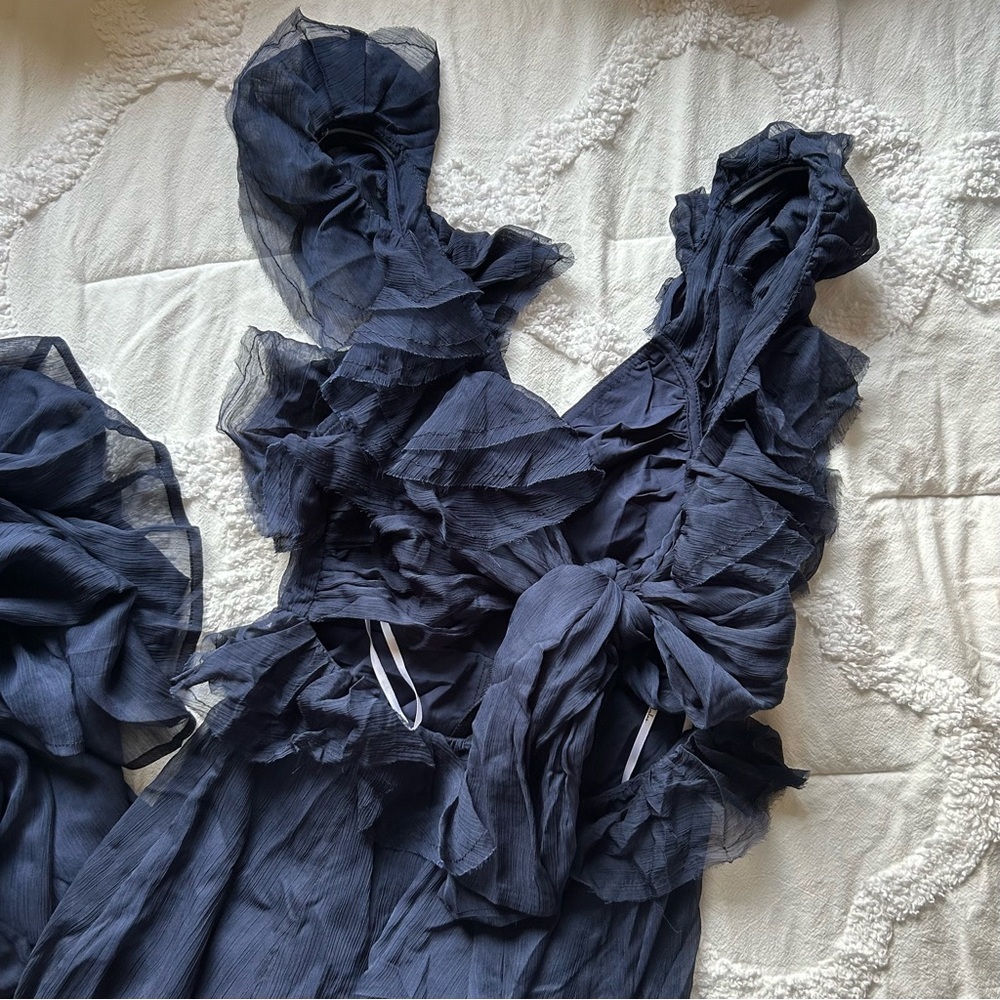 NWT Lulus Navy blue Ruffle Chiffon Dress - Picture 5 of 8